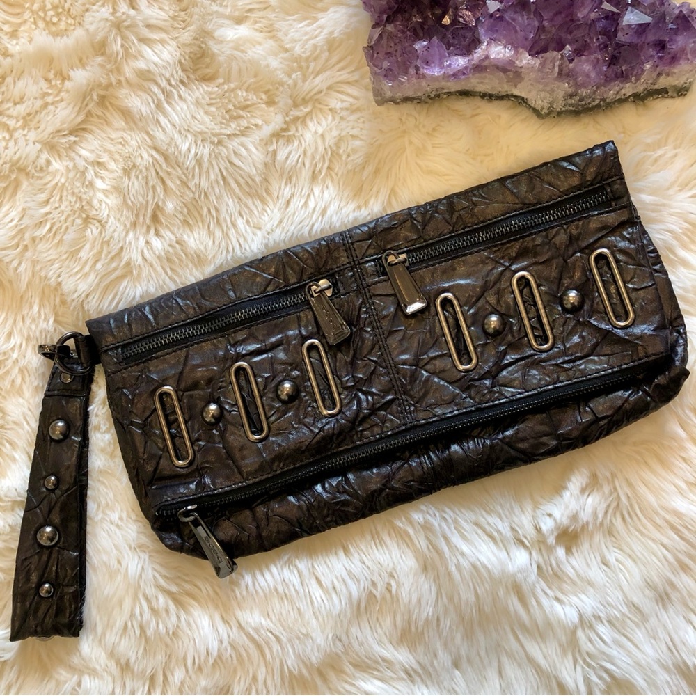 Bebe Brown Studded Crinkle Clutch Handbag